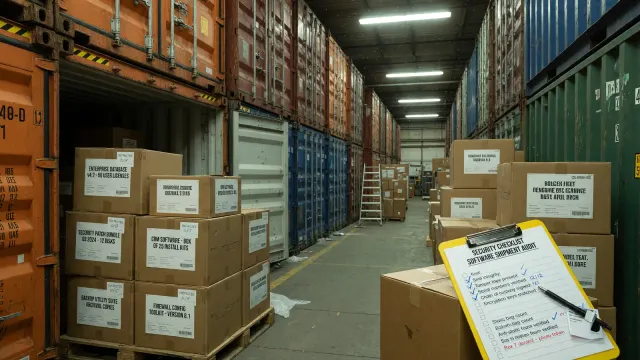 Warehouse aisle of labeled boxes with a clipboard security checklist