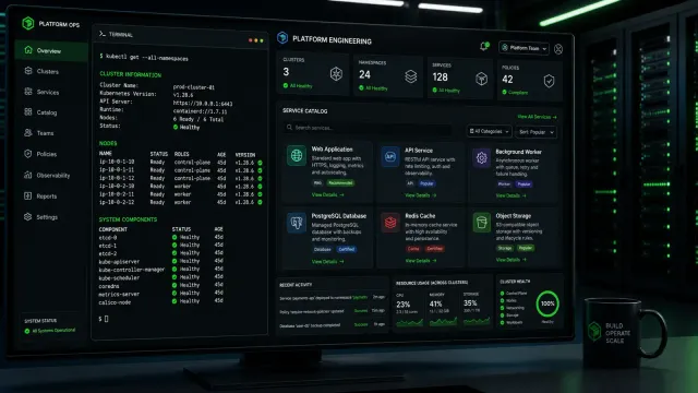 Terminal showing Kubernetes cluster status with green checkmarks and platform engineering dashboard