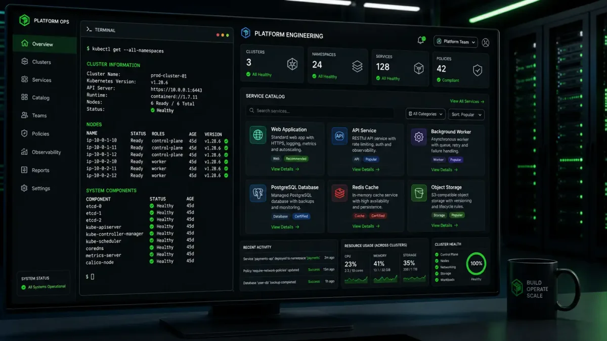 Terminal showing Kubernetes cluster status with green checkmarks and platform engineering dashboard