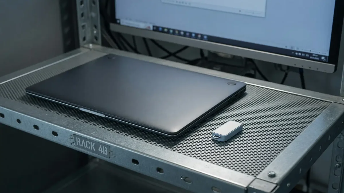 A laptop on a rack shelf showing a blurred kernel version line, a USB stick beside the keyboard, cool room light, no logos.