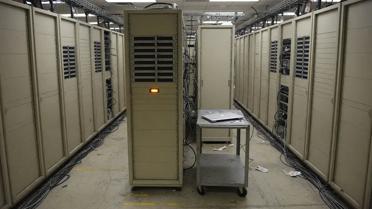 A beige server-room aisle with one rack showing an amber status light and a closed laptop on a metal cart.