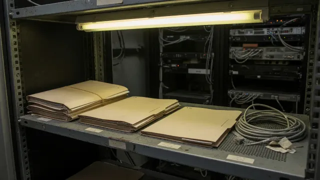Three closed manila folders of different thicknesses on a steel rack shelf, with a coiled unplugged ethernet cable beside them.