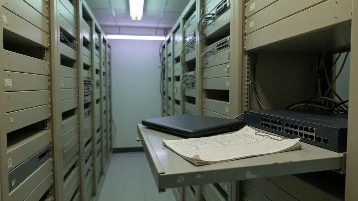A closed laptop on a rack shelf beside a paper version checklist and a dark network switch, cool aisle light, no logos.