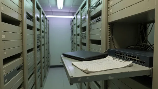 A closed laptop on a rack shelf beside a paper version checklist and a dark network switch, cool aisle light, no logos.