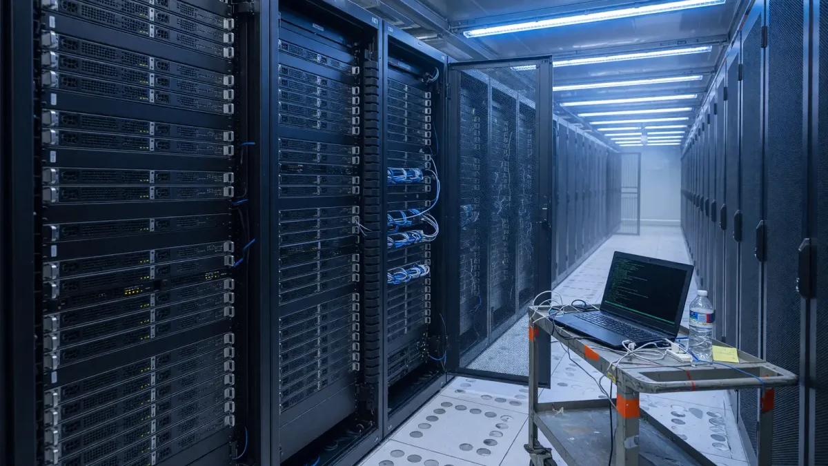 Network rack with an F5-style appliance silhouette and a laptop showing a terminal, cool aisle lighting, no logos.