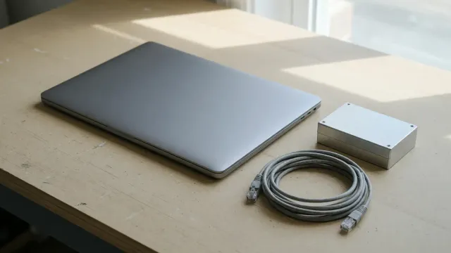 A closed laptop on a beige workbench beside a small blank metal box and a coiled gray ethernet cable, daylight, no logos.
