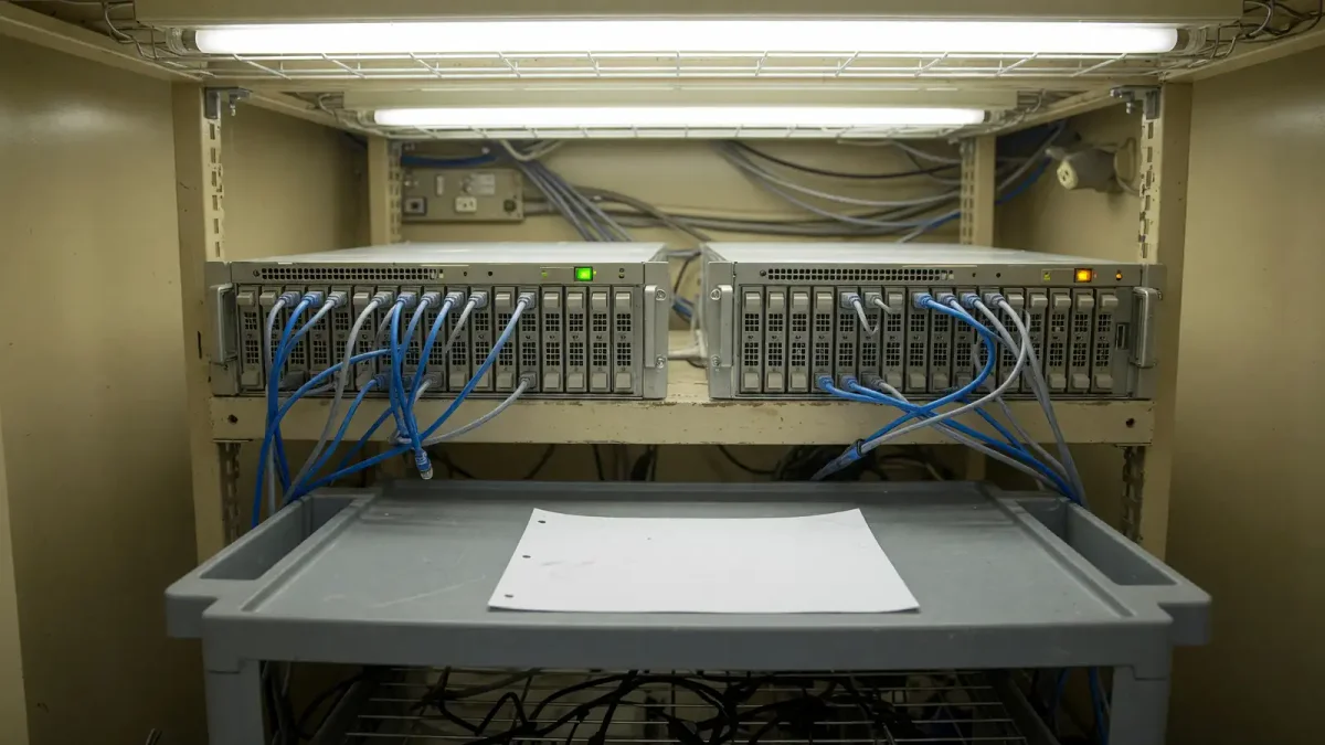 Two rack servers in a beige machine room, one with a green status light and one with an amber light, a face-down printout and unplugged ethernet cables.