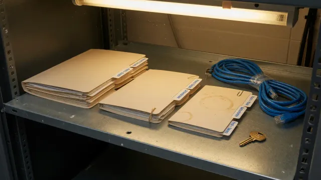 Three closed folders of different thicknesses on a steel shelf, with a coiled ethernet cable and a small brass key.
