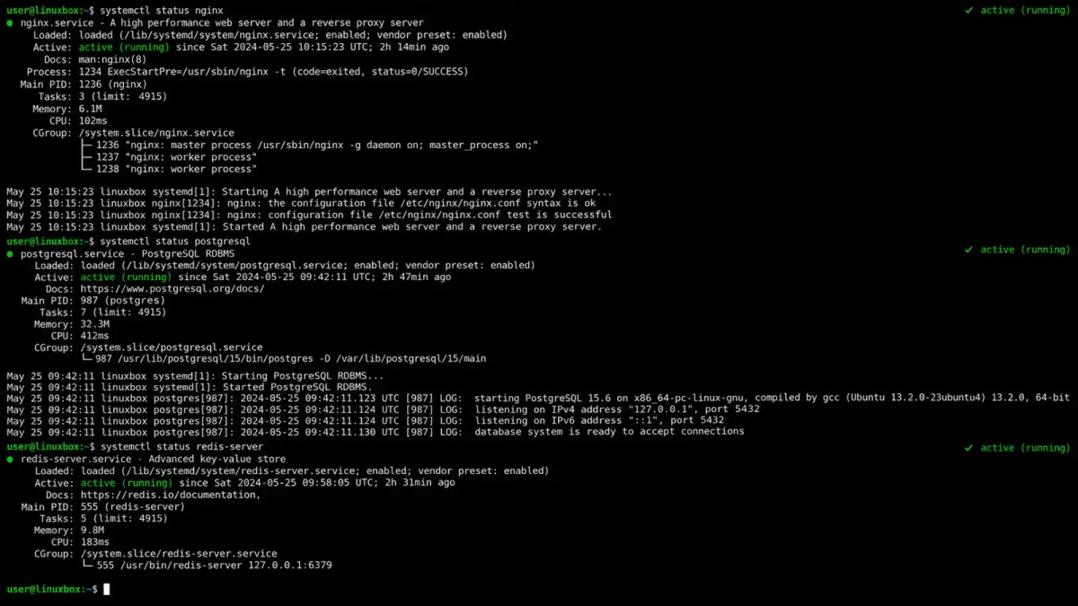 Terminal screen showing systemd service status output with green active indicators and structured log entries