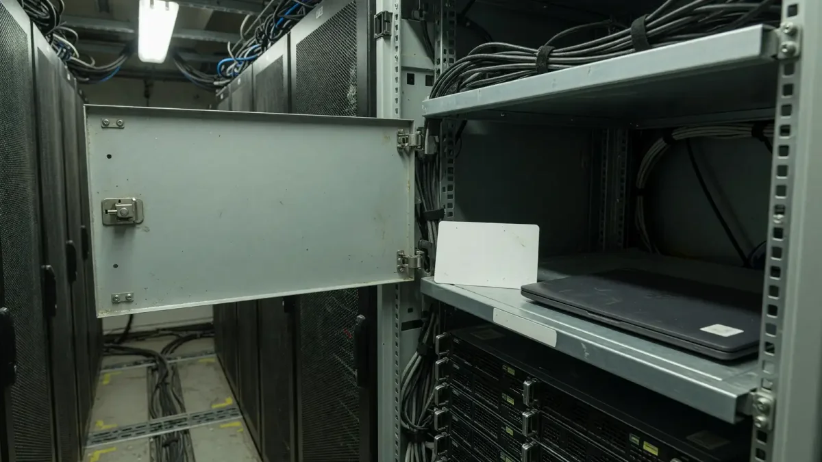 A dim server aisle with one open rack, a blank plastic card on the rail, and a closed laptop, no logos and no readable text.