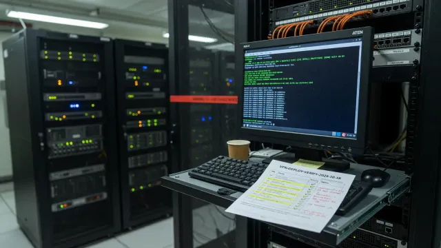 A Linux terminal on a server KVM showing an openvpn version string, rack lights in the background.