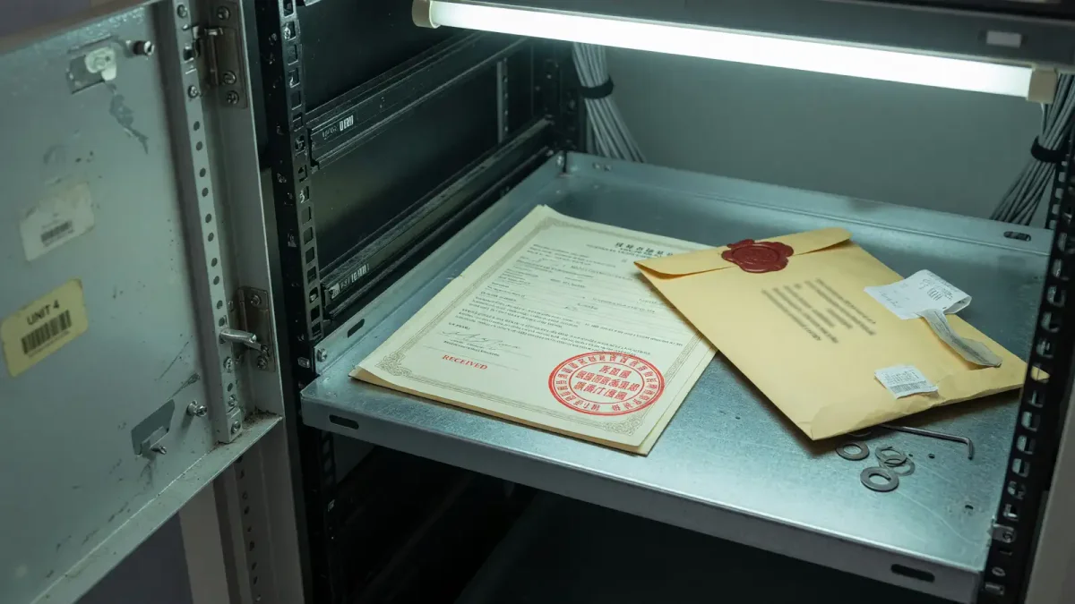 An open server-rack door, a stamped paper certificate, and a sealed envelope on a steel shelf, cool room light, no logos.
