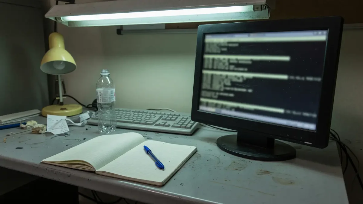 A dim office desk with a monitor showing a blurred terminal, a blank notebook and a pen, cool overhead light, no logos and no readable text.
