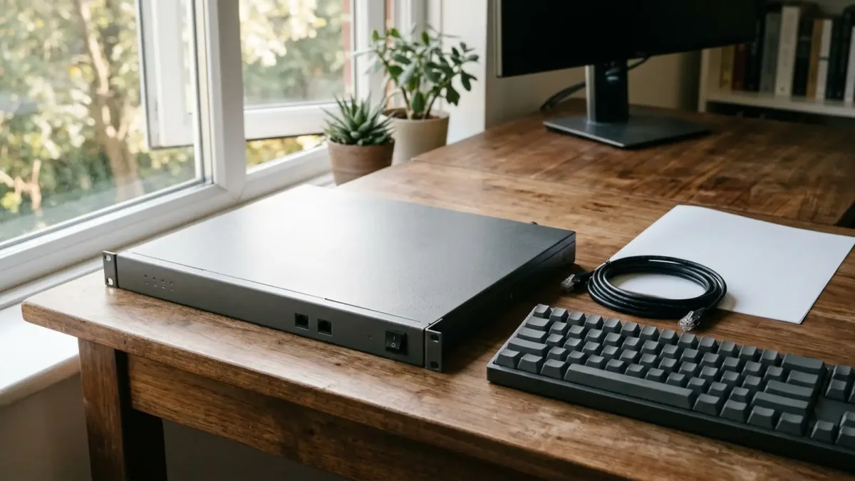 A small rack server rests on a sunlit wooden desk alongside a mechanical keyboard, a coiled patch cable, and a face-down printed sheet of paper.