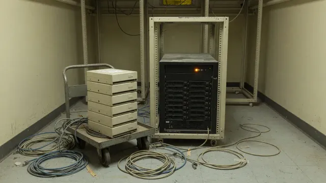 Five identical hard drives stacked on a cart beside a rack server with an amber status light in a beige machine room.