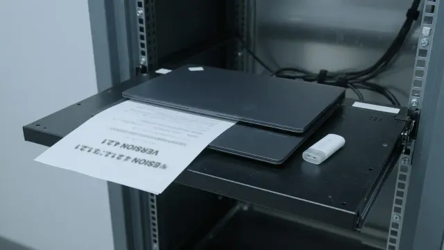 A closed laptop on a rack shelf beside a plain USB stick, cool room light, the screen dark, no logos.