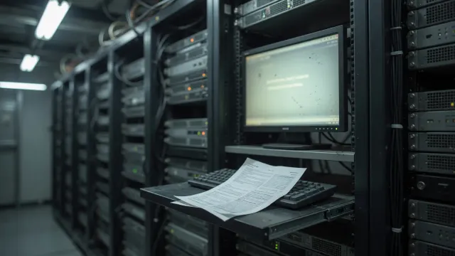 A dim server aisle with one monitor glowing a blurred terminal and a printed page of illegible lines on a keyboard tray, cool light, no logos.
