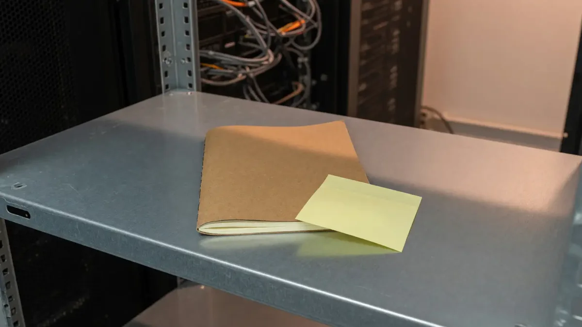A closed notebook and a blank sticky note on a steel shelf, warm side light, no labels and no logos.