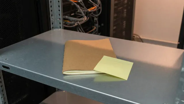 A closed notebook and a blank sticky note on a steel shelf, warm side light, no labels and no logos.
