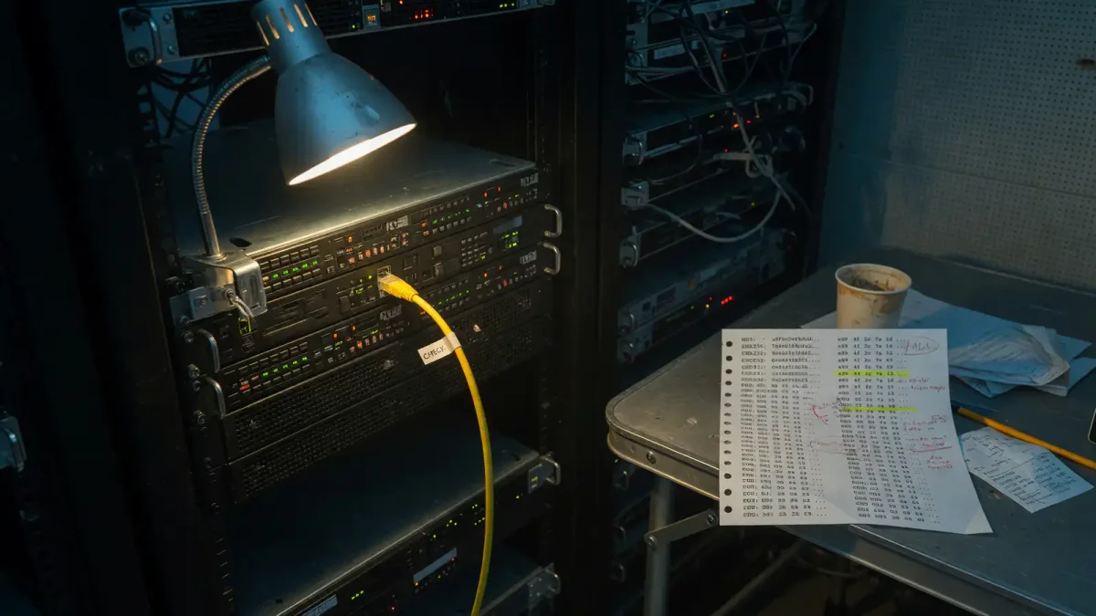 A rack-mounted server with a highlighted network cable and a printed checksum sheet on the desk