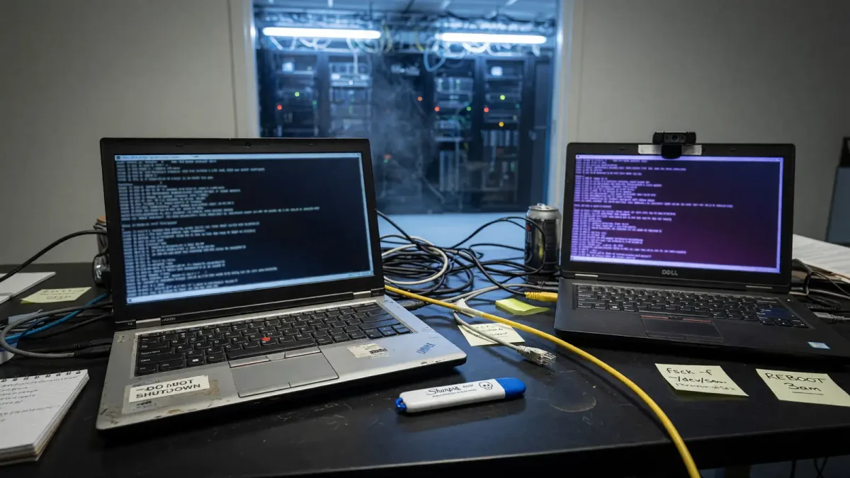 Two terminal windows on a desk, one showing a kernel version string too blurred to read, a USB stick beside the keyboard, cool rack lighting, no logos.