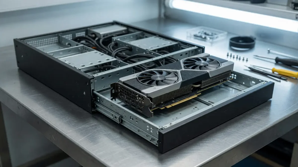A server chassis with the side panel off and a GPU seated in the tray, cool white bench light, no vendor logos and no readable text on the board.