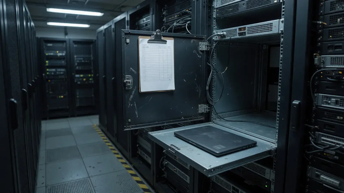 A dim server aisle with one open rack, a blank checklist on the rail, and a closed laptop, no logos and no readable text.