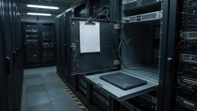 A dim server aisle with one open rack, a blank checklist on the rail, and a closed laptop, no logos and no readable text.