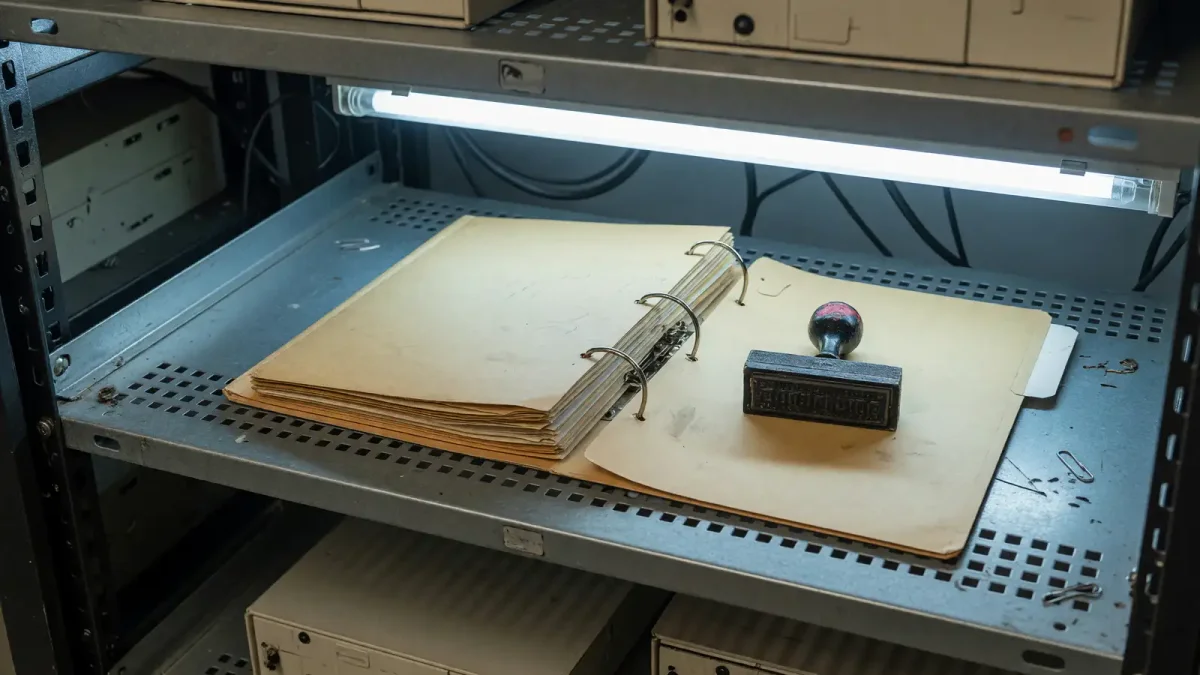 An open binder and a rubber stamp on a server-closet shelf under fluorescent light, no screens.