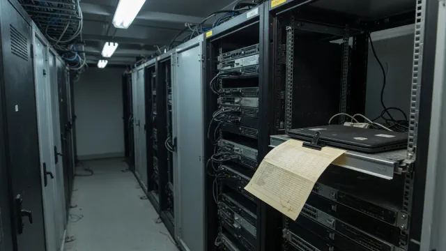 A dim server aisle with one open rack, a paper checklist clipped to the rail, and a closed laptop, no logos and no readable text.