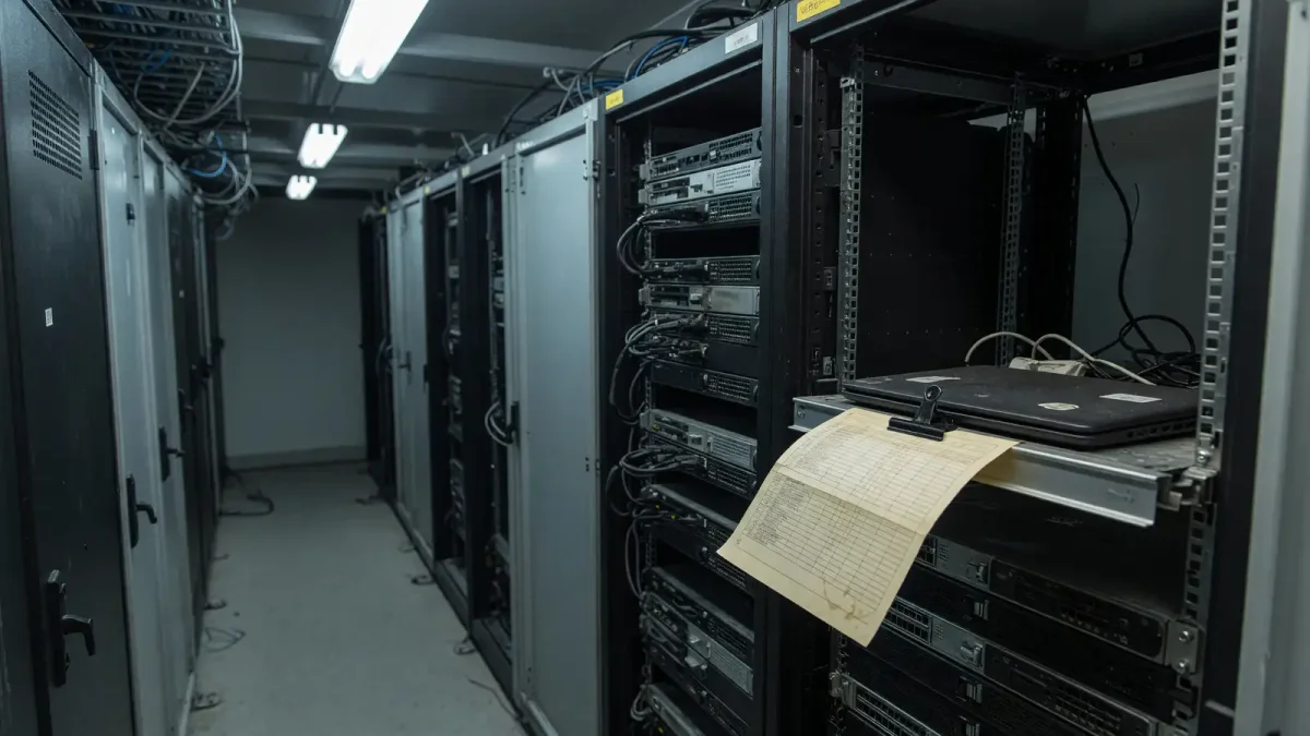 A dim server aisle with one open rack, a paper checklist clipped to the rail, and a closed laptop, no logos and no readable text.
