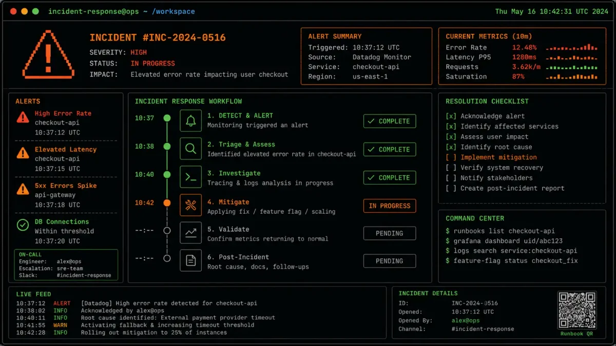Terminal-style illustration showing incident response workflow with alert icons and timeline, dark background with orange and green terminal text