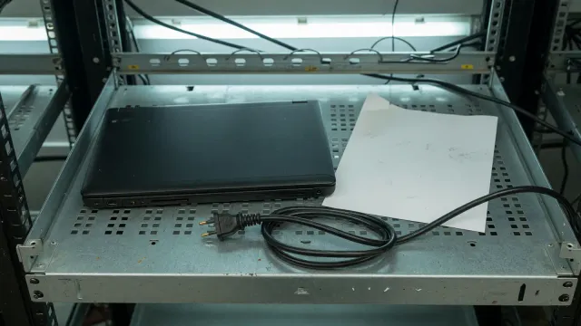 A closed laptop on a metal rack shelf beside a blank status printout and an unplugged power lead, cool room light, no logos.