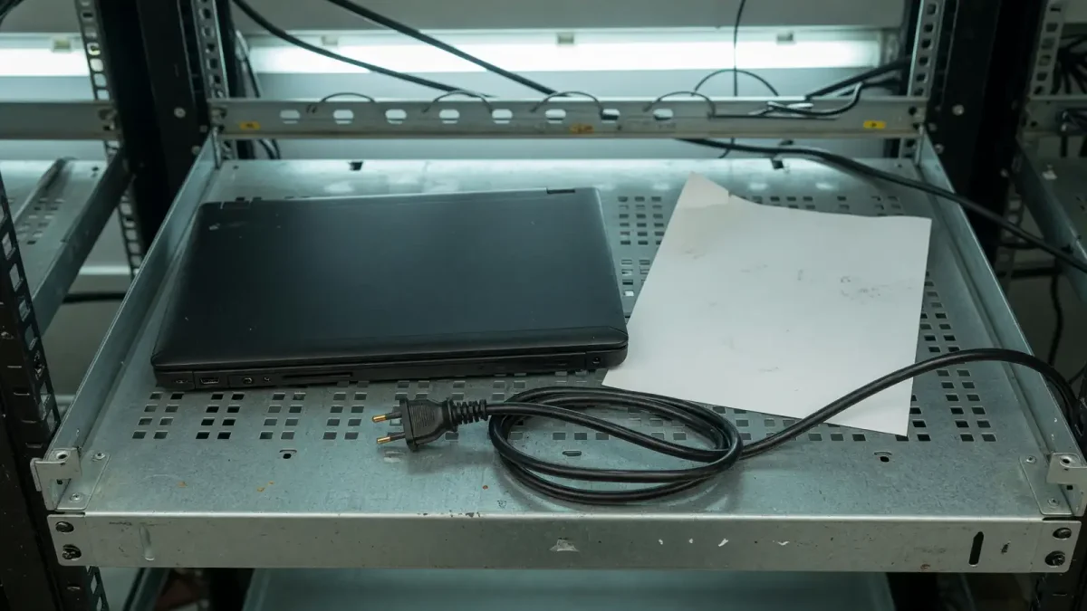 A closed laptop on a metal rack shelf beside a blank status printout and an unplugged power lead, cool room light, no logos.