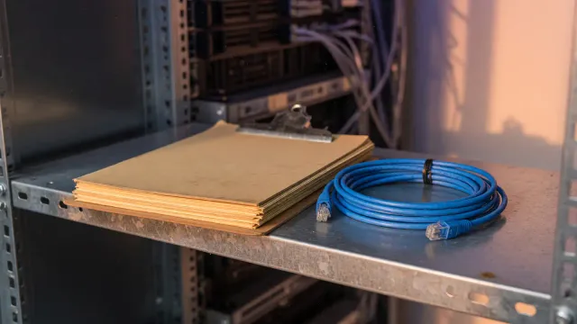 A closed clipboard and a short ethernet cable on a steel server shelf, warm side light, no readable version numbers.