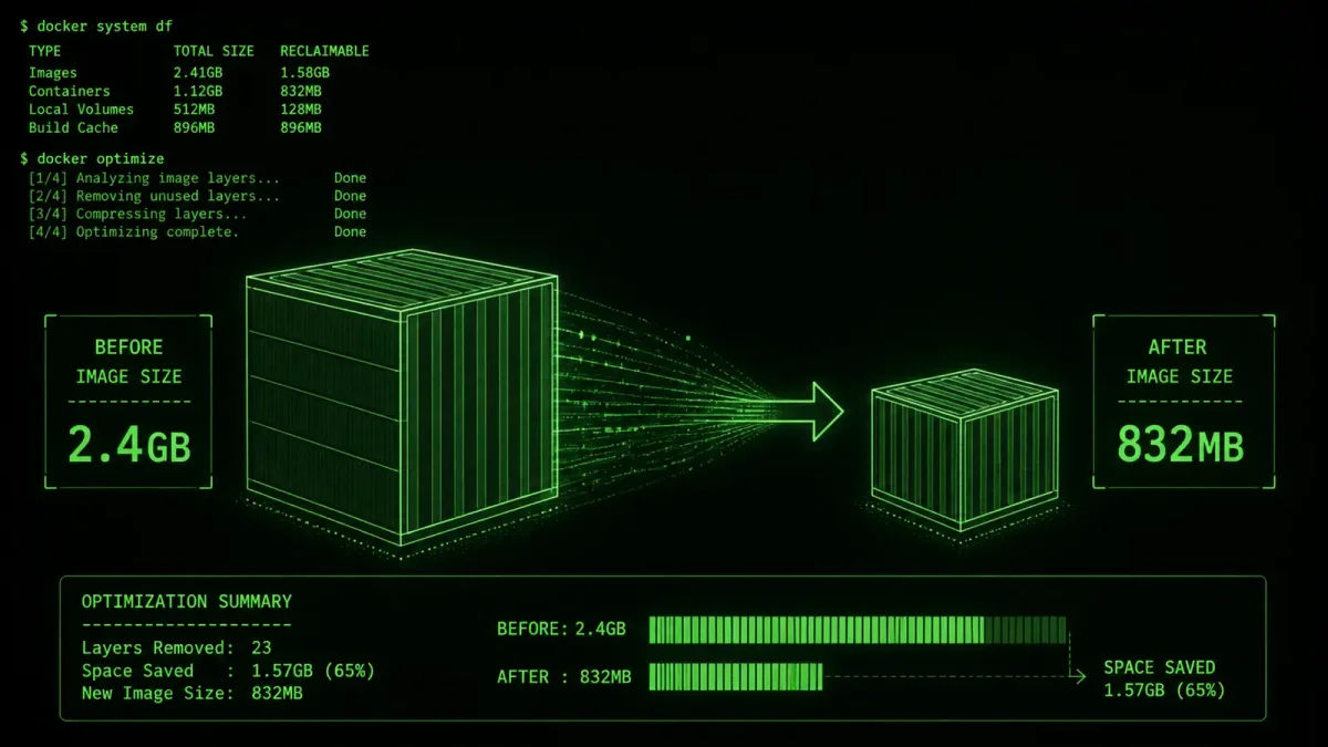 Terminal showing Docker image size comparison with green terminal text on dark background