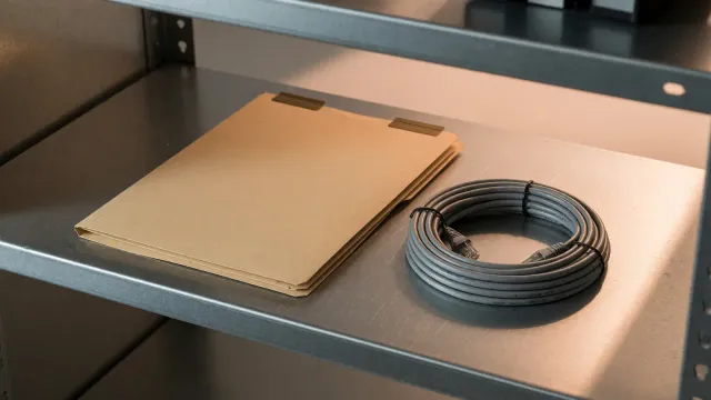 A closed manila folder and a coiled ethernet cable on a steel shelf, warm side light, no labels.