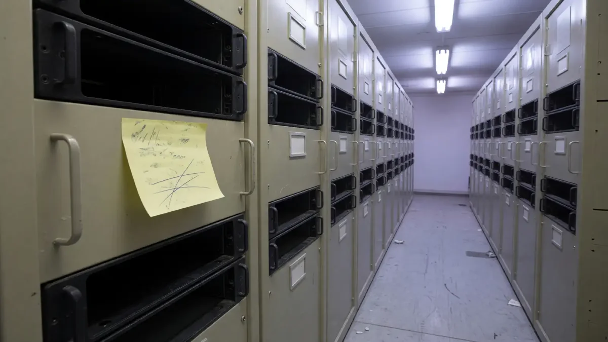 A quiet server-room aisle with beige racks, blank drive bays, and a blank sticky note on a door, no logos.